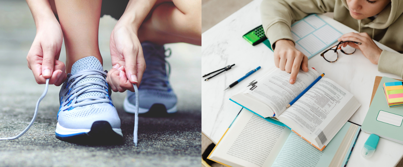 Persona atándose los cordones de tenis deportivos y persona estudiando con libros y cuadernos en escritorio